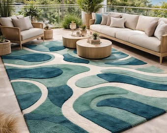Hand Tufted Wool Wavy Rug | Teal Blue Abstract Coastal Carpet, Groovy Bedroom Decor