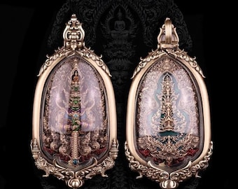 Thai Amulet, Red Bronze Tao Wessuwan with Enamel Frame