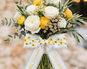 Personalised sunflower embroidered wedding bouquet ribbon, linen bridal wrap, frayed edge ribbon, handmade bridal bouquet tie keepsake gift