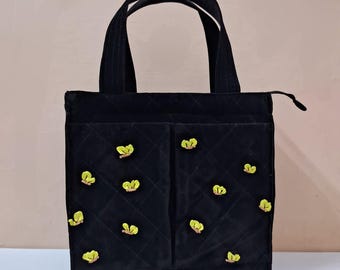 Black Velvet Quilted Tote Bag, Ribbon Embroidery, Handmade Zipper Tote