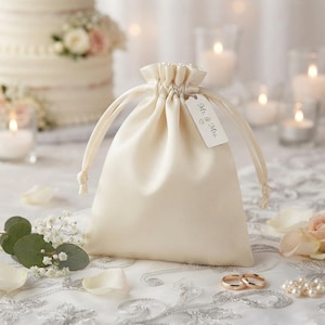 May include: A cream-colored satin drawstring pouch featuring a rectangular white tag attached with a silver chain. The tag is printed with the text Mr. & Mrs. and a small heart symbol. The pouch has a gathered top closure with matching fabric ties.