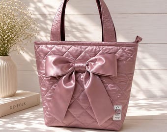 Kawaii Pink tote bag with bow, free custom beaded charm, soft girl aesthetic purse, Cute shoulder handbag