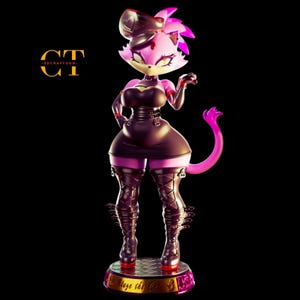 Peut inclure: Figurine 3D de Blaze the Cat, personnage de la franchise Sonic the Hedgehog. La figurine porte une robe et des bottes noires, avec une queue et des cheveux roses. La base indique "Blaze the Cat."