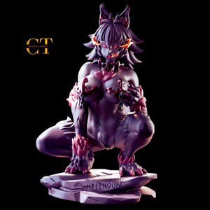 May include: A purple and pink Hellhound figurine in a crouching pose. The figurine has wolf-like features, with red eyes and fiery accents. The base of the figurine has the word "HELLHOUND" inscribed on it. The logo "3DCRAFTOON" is in the upper left corner.