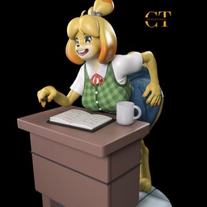 May include: A figurine of a cartoon character with yellow fur, wearing a green plaid vest, white shirt, and blue skirt, leaning over a brown desk. A white mug and open book are on the desk. The figurine has a smiling expression.