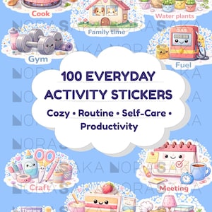May include: A sticker sheet with illustrations of everyday activities, including cooking, family time, gym, fuel, water plants, craft, therapy, bake, meeting, and tidying. The text reads "100 Everyday Activity Stickers."