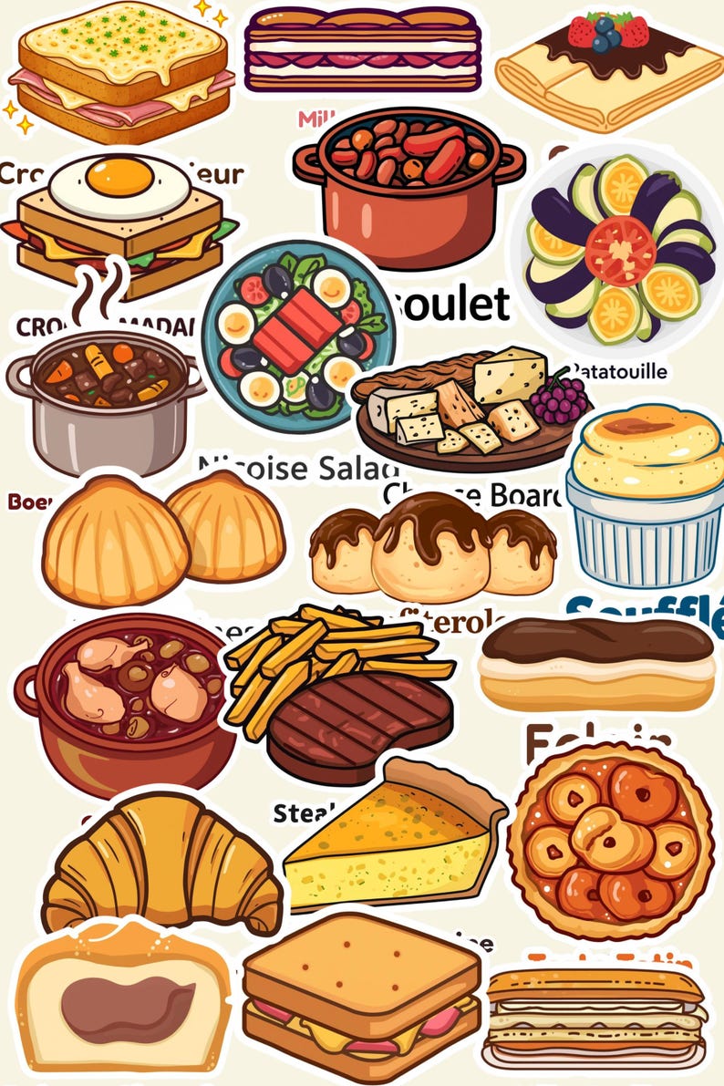 Quiche Sticker French Food Stickers Bundle | 50 PNG Planner Pngs (25 Dishes X2 Styles ...
