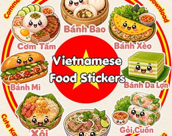 Kawaii-Sticker-Set mit vietnamesischen Lebensmitteln | 30 süße PNG-Planer-Sticker | Druckbar für Cricut | Sofort-Download