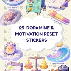 Puede incluir: Un conjunto de 25 pegatinas de reinicio de dopamina y motivación. Las pegatinas presentan varias ilustraciones, incluyendo un cerebro, un calendario, una balanza, una ola y un sol. El texto incluye "Dopamine Menu", "Break Doomscroll" y "Low Dopamine Morning".