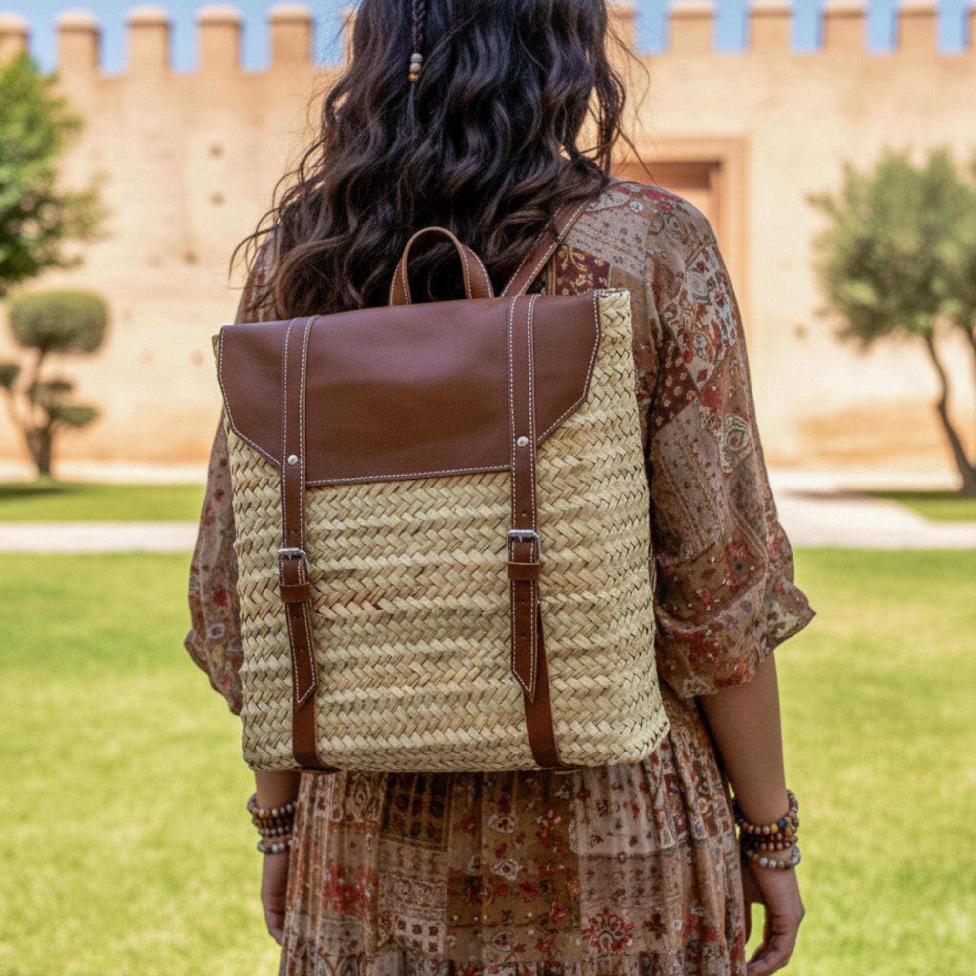 Straw and Leather Backpack - Etsy display picture 2
