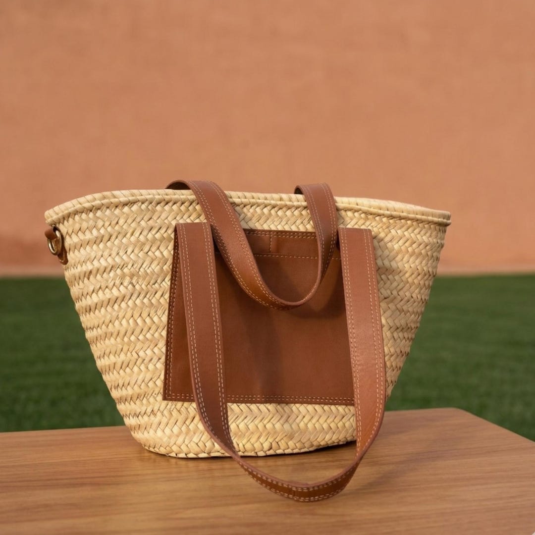 Handwoven Straw Tote With Leather Handles and Front Pocket | Basket for ...