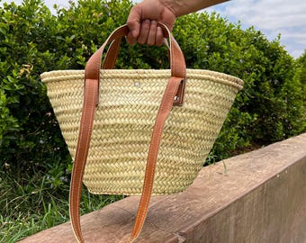 Handmade Moroccan Straw Tote Bag: Leather Handles, Boho Market Basket | Summer Beach Purse