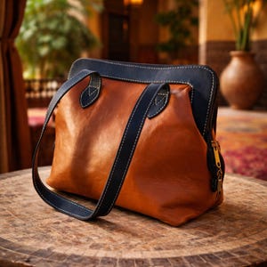 May include: A brown leather handbag with a navy blue top and straps. The bag has a gold zipper and white stitching. The bag is sitting on a round, textured wooden table. The background is blurred.