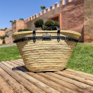Handmade Moroccan Straw Tote: Black Leather Handles, Woven Palm Leaf Basket | Boho Beach Bag