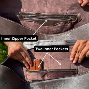 May include: Close-up of a brown leather bag interior. The bag features an inner zipped pocket and two additional inner pockets. The text "Inner Zipper Pocket" and "Two Inner Pockets" are visible in the image.