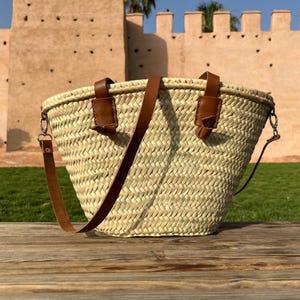 Moroccan Straw Shoulder Tote with Leather Handles | Handwoven Boho Market Bag | Large Summer Beach Basket Purse | Eco-Friendly Gift