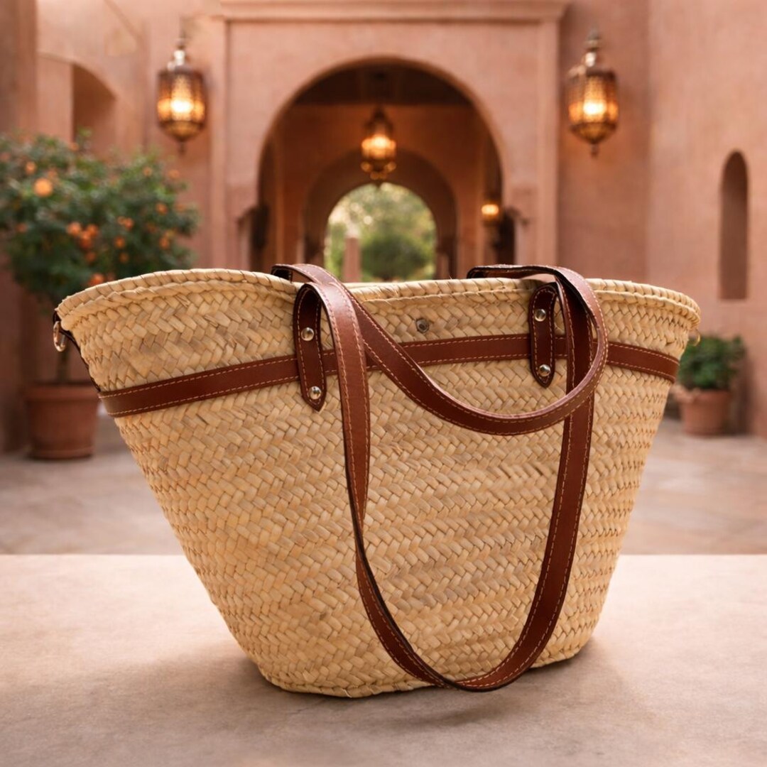 Handwoven Straw Tote Bag: Moroccan Market Raffia Basket With Leather ...