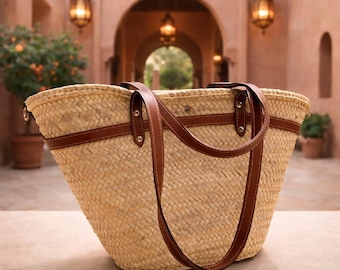 Bolso tote de paja tejido a mano: cesta de rafia de mercado marroquí con correas de cuero / bolso de verano estilo boho