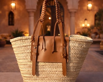Handmade Moroccan Straw Tote Bag: Braided Leather Straps & Zipper Pocket | Boho Beach Purse