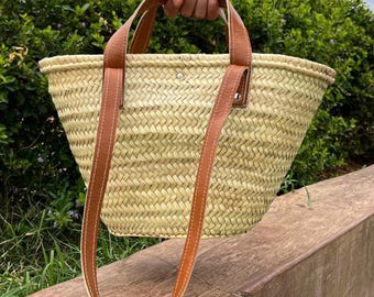 Handmade Moroccan Straw Tote Bag: Woven Palm Leaf Market Basket with Leather Straps - Eco-Friendly