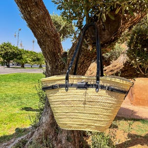 Moroccan Straw Market Basket: Black Leather Handle Woven Tote  | Handcrafted Raffia Bag