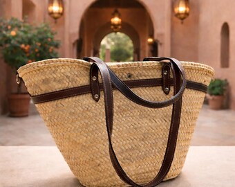 Handmade Moroccan Straw Market Basket: Leather Strap Palm Leaf Tote | Boho Beach Bag