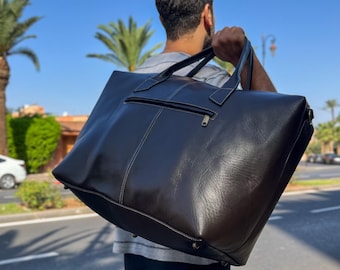 Handmade Full Grain Leather Duffel Bag | Oversized Weekender Tote for Travel, Getaways & Daily Use