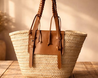 Handmade Moroccan Straw Tote: Braided Leather Handles & Zipper Pocket | Boho Beach Bag