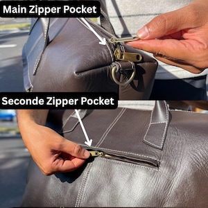 May include: A brown leather bag with white stitching and gold-coloured hardware. The image highlights the main and secondary zipper pockets. The text on the image reads "Main Zipper Pocket" and "Seconde Zipper Pocket".