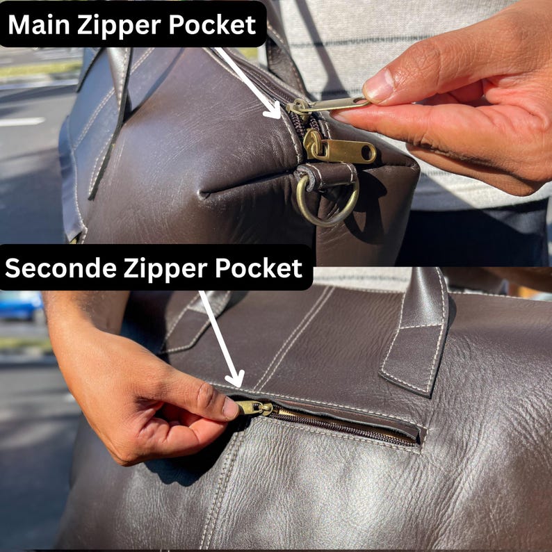 May include: A brown leather bag with white stitching and gold-coloured hardware. The image highlights the main and secondary zipper pockets. The text on the image reads "Main Zipper Pocket" and "Seconde Zipper Pocket".