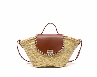 Woven Palm Leaf Straw Basket Bag: Leather Handles, Boho Beach Purse