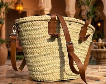 Handmade Moroccan Straw Tote Bag with Leather Handles | Boho Market Basket, Beach, Summer, Festivals