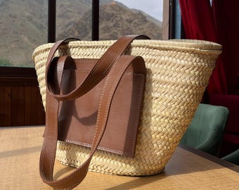 Bolso tote de paja tejida: bolso de playa con bolsillo de cuero / bolso de mano bohemio de rafia