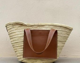 Handwoven Straw Tote Bag with Leather Pocket - Moroccan Market Style | Boho Beach Purse