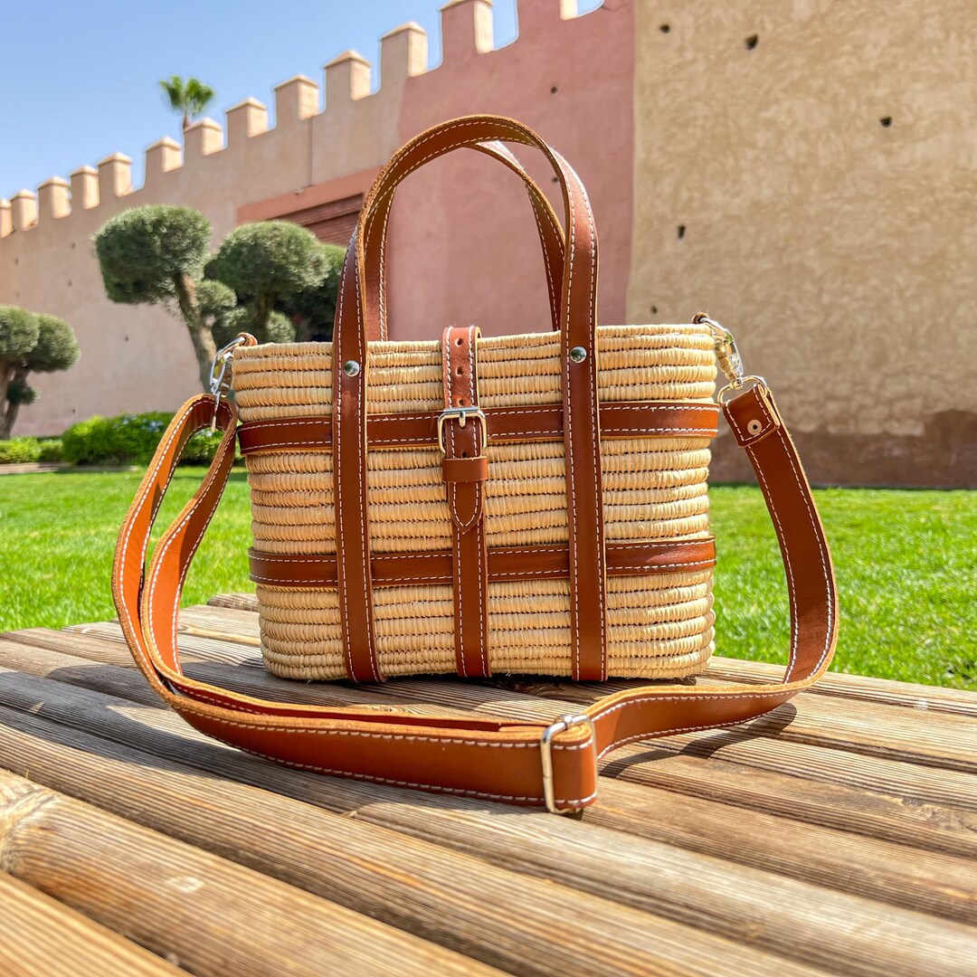 Handwoven Raffia Crossbody Bag: Moroccan Straw Tote With Leather ...