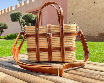 Handwoven Raffia Crossbody Bag: Moroccan Straw Tote with Leather Handles | Boho Beach Purse