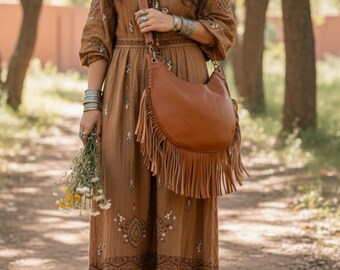 Leather Boho Fringe Shoulder Bag | Handmade Hobo Tote | Western Clutch Bag