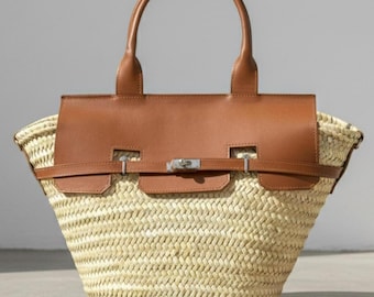 Leather straw bag, Moroccan woven tote with leather flap, boho chic beach basket