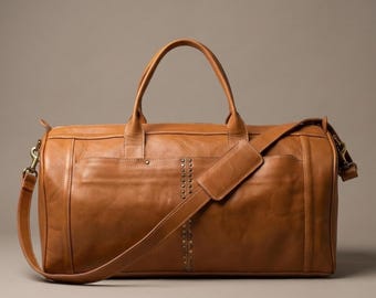 Leather Duffel Bag with Metal Stud Detail, Unisex Travel Weekender for Men and Women