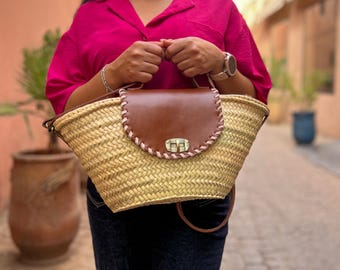 Moroccan Straw Crossbody Bag: Handmade Wicker Purse with Leather Flap