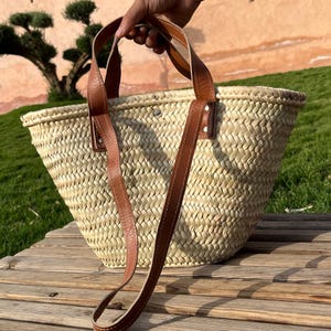 Large Moroccan Market Basket with Leather Handles & Strap – Handmade Straw Tote Bag, Boho Beach Bag, French Market Shopper, Picnic Tote