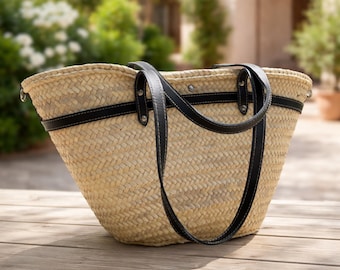 Handmade Moroccan Straw Tote: Black Leather Handles, Woven Palm Leaf Basket | Boho Beach Bag