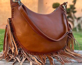 Boho Leather Fringe Shoulder Bag | Handmade Cowhide Hobo Purse | Western Clutch Bag