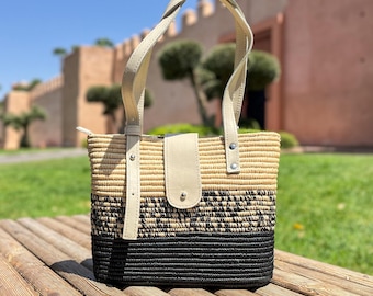 Handwoven Raffia Tote: Moroccan Woven Basket Bag with Leather Handles