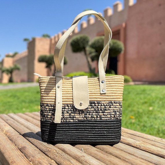 Bolso de rafia tejido a mano: bolso marroquí de mimbre con asas de