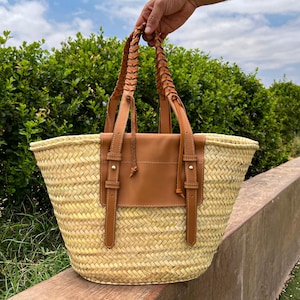 Handmade Moroccan Straw Tote: Braided Leather Handles & Zipper Pocket | Boho Beach Bag