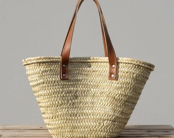 Leather Straw Tote Bag, Handwoven Moroccan Palm Basket with Leather Handles, Shopping Carryall