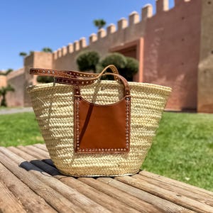 Handwoven Moroccan Straw Tote: Leather Handles, Boho Beach Bag | Summer Market Basket