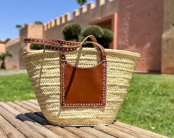 Handwoven Moroccan Straw Tote: Leather Handles, Boho Beach Bag | Summer Market Basket