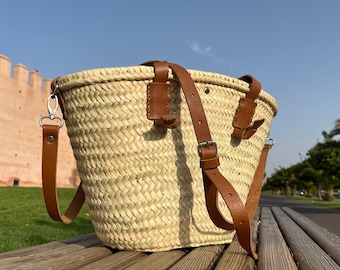 Handwoven Moroccan Market Basket Bag: Palm Leaf Tote with Leather Strap - Boho Straw Handbag
